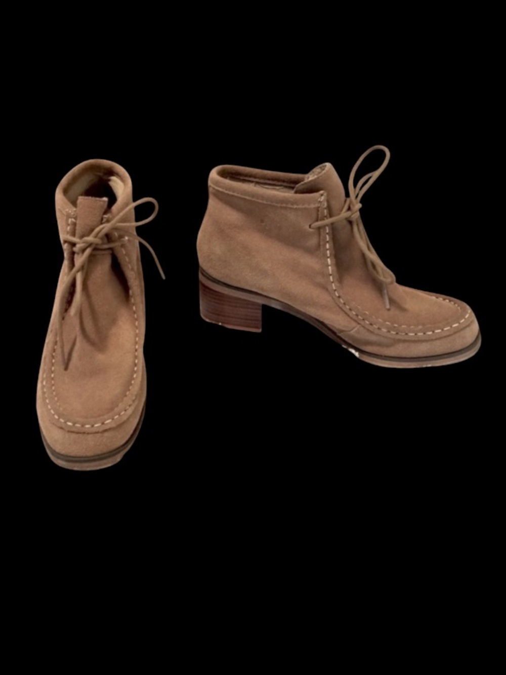 Lace Up Vintage Suede Leather Chukka Brown Carmel Tan Block Heel Ankle Boots 8